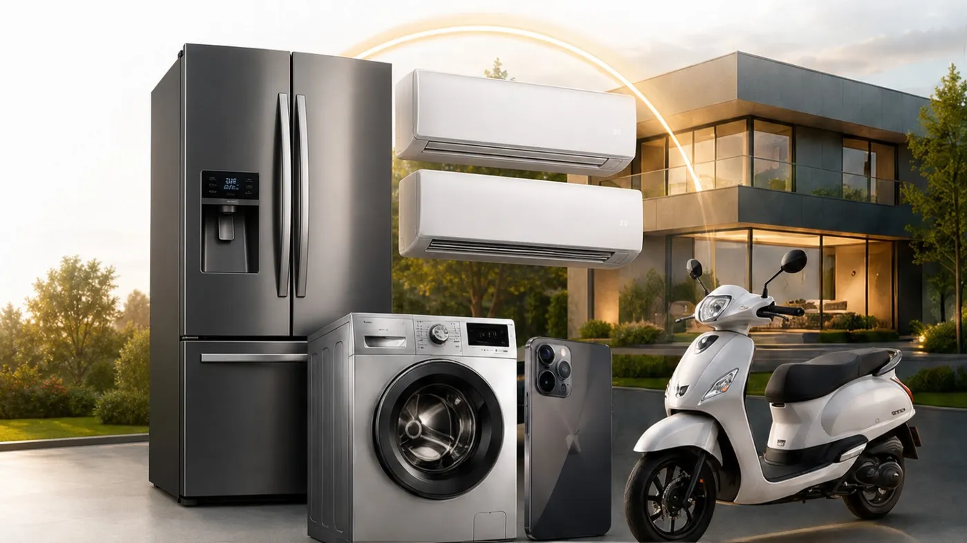 Réfrigérateur, climatiseurs, lave-linge, smartphone et scooter devant une villa moderne